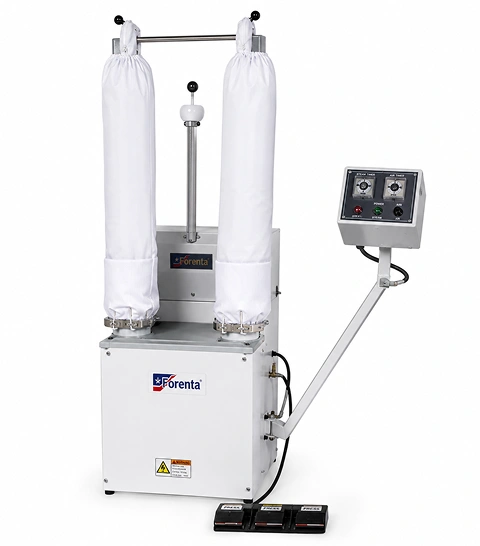 Forenta 77SASL shirt sleeve press  with two inflated porous air bag sleeve forms, grey  and white cabinet with adjustable timer control  panel, front view