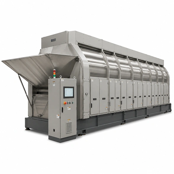 Image XPW-90 X-Power batch washer showing large-diameter drum sections, multi-compartment layout, and PLC touch screen panel