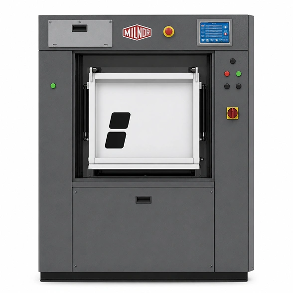 Milnor MWB90Z barrier washer extractor showing 41-inch drum, pass-through aseptic barrier doors, and MilTouch display, 200 lb hospital laundry machine