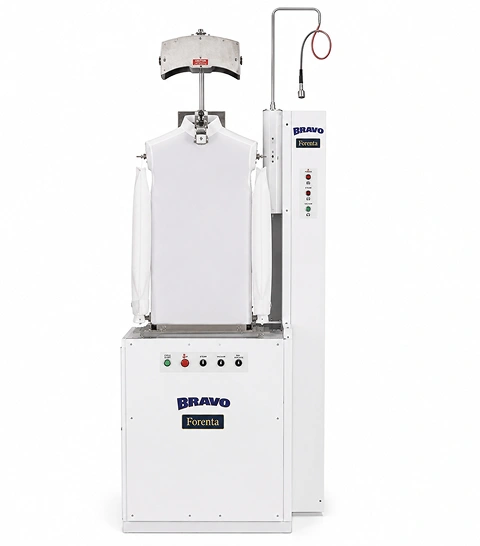 Forenta 610SBV Bravo single buck  cabinet shirt press with vacuum hold-down, white  cabinet and Bravo Forenta branding, front view