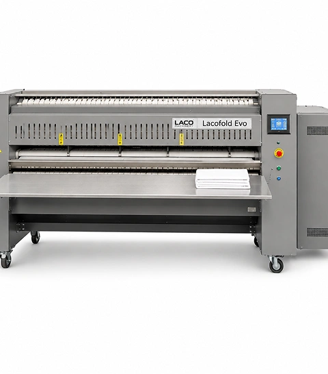 LACO Lacofold Evo 3300 automatic  longitudinal folding machine, widest model in the range,  4-lane configuration with colour touch screen, front view