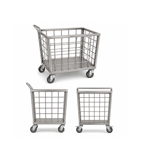 Supershine SS 304 solid linen trolley with pipe net sides and 125mm PU castors for industrial laundry use