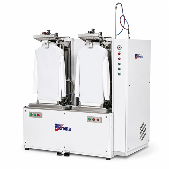 Forenta 802DBV double buck shirt press showing flat pressing heads, dual vacuum bucks, colour-coded air lines, and control buttons