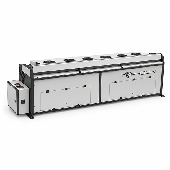 Laco Typhoon flatwork feeder showing full machine length with drive motor end, fan units, and linen feeding surface