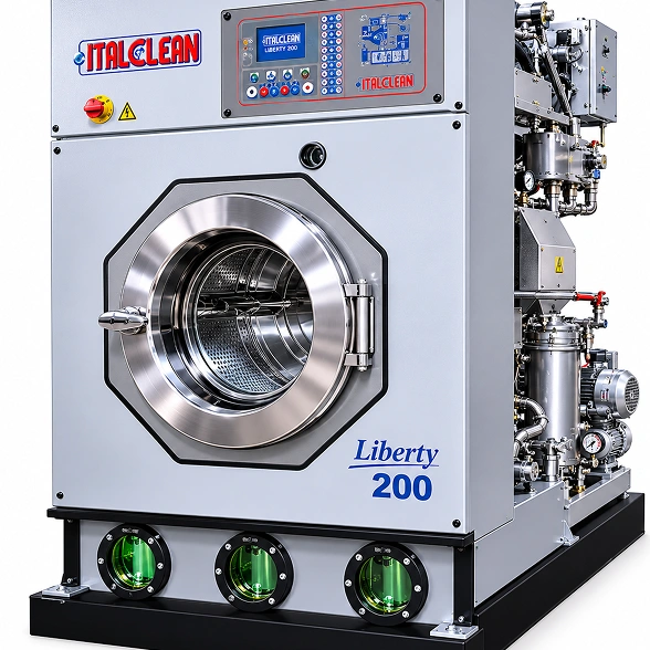 Italclean Liberty 300 multisolvent dry cleaning machine showing full cabinet, upgraded motor assembly on side, and control panel