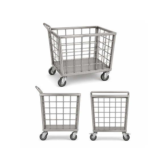 Supershine stainless steel solid linen trolley with jaal frame and braked castors