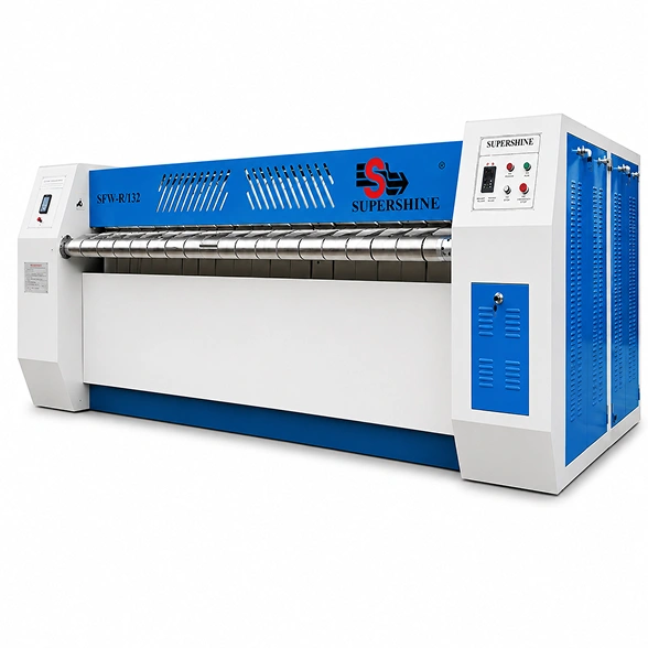 Supershine SFW-R/132 3300mm industrial flatwork ironer with stainless steel roller and blue white cabinet