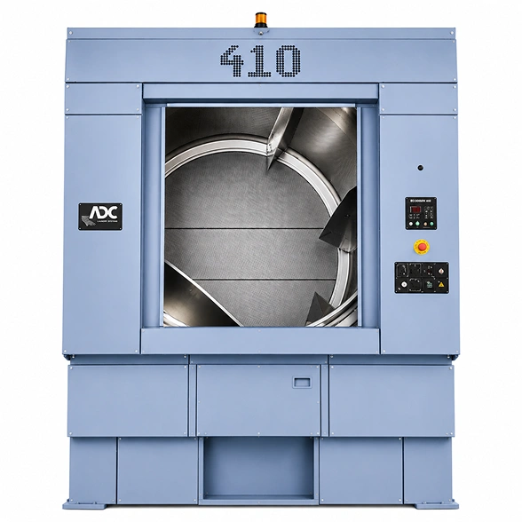 ADC AD-410 industrial dryer showing 68-inch tumbler, 28-inch exhaust connection, and computer control panel