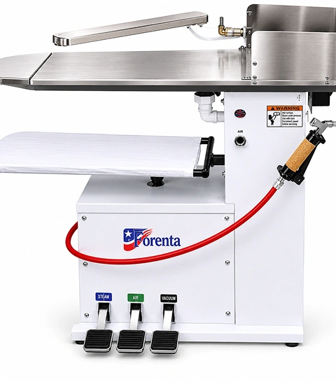 Forenta 44SP spotting board with  stainless steel top surface, white cabinet base,  swivelling catch rack, and foot pedal controls,  front three-quarter view