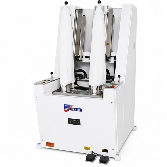 Forenta 910SAB sleeve press showing flat pressing heads, inflatable air bag bucks, padded buck plates, and foot activation controls
