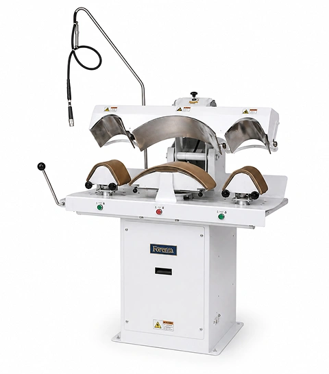 Forenta 392 SCS/SCSY collar-cuff-yoke  press with nickel-plated heads, flat padded bucks,  white pedestal cabinet and water spray hanger,  front three-quarter view