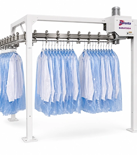Forenta Saratoga Garment Conveyor motorised hanging garment conveyor with stainless  steel track and bagged garments on hangers, front view