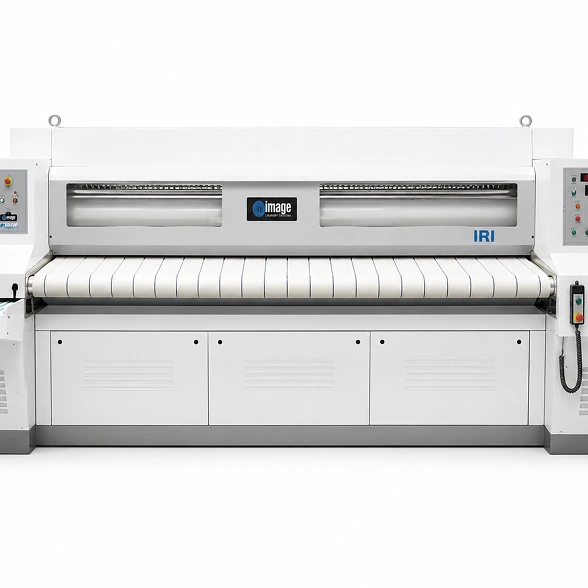 Image IRI-800x3300 deep chest ironer showing 800 mm roller, extended 3300 mm working width, and suction fan system detail