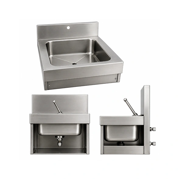 Supershine 8 SWG SS 304 knee operated hand wash sink with push flap front and keyhole wall mounting