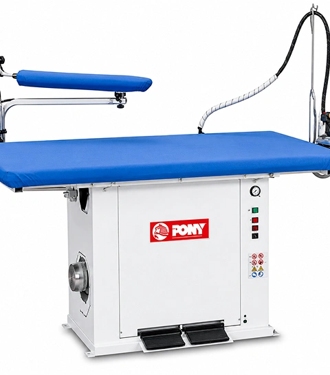 Pony SAS rectangular vacuum and blowing ironing table front view showing wide blue padded board, white pedestal cabinet, steam iron, and swinging arm accessory