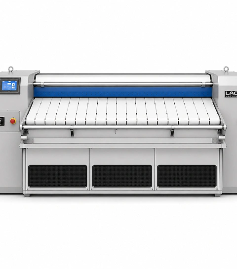 LACO D600 24-inch chest industrial  flatwork ironer with thermal oil bed, perforated feeding  belts, and optional Typhoon spreader system, front view