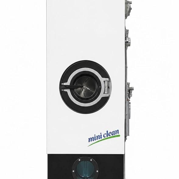 Italclean Mini Clean PERC dry cleaning machine showing full narrow cabinet, circular drum loading door, and single solvent tank base