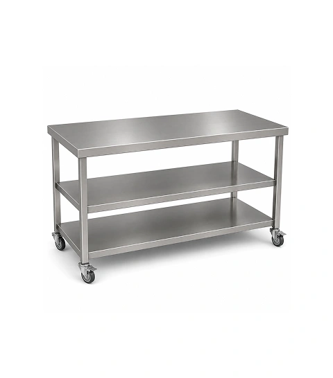 Supershine SS 304 mobile work table with two under shelves and 100mm castors for industrial laundry use