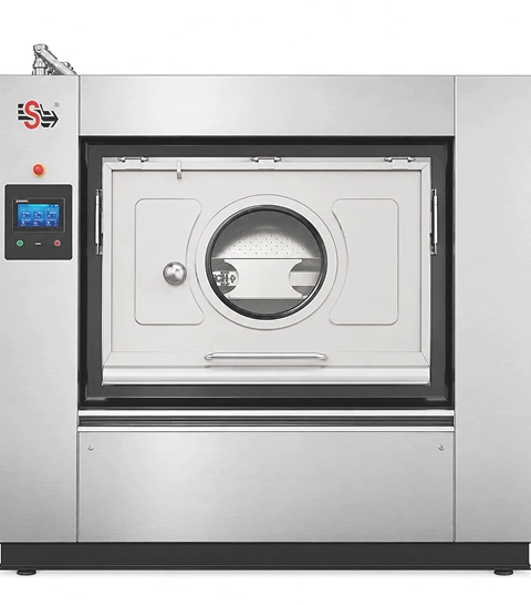 Supershine SBW 120 barrier type washer  extractor, 120 kg capacity, stainless steel pass-through  design with touch control panel, front view