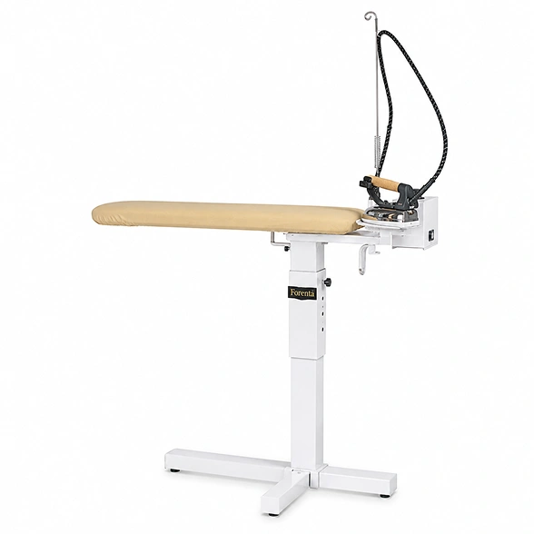 Forenta 8TBS touch-up board showing heated buck surface, all-steam iron attachment, height-adjustable stand, and optional sleeve board position