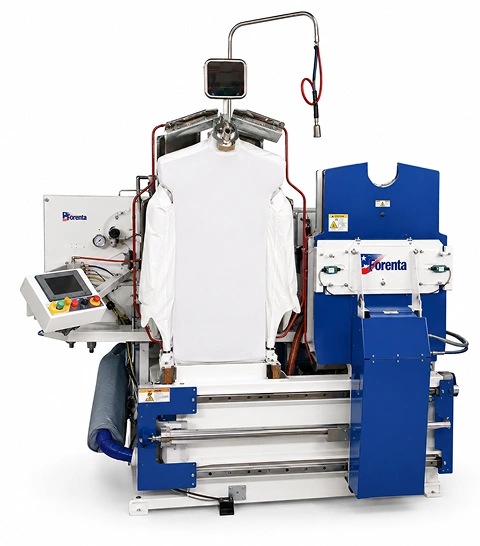 Forenta 827SB single buck shirt  finishing press with vacuum buck, blue and white  cabinet, colour touch screen control panel, and  water spray hanger, front three-quarter view
