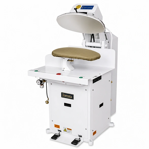 Forenta 191STMC topper press showing mushroom buck dimensions, wide head opening, variable pressure controls, and electric switches