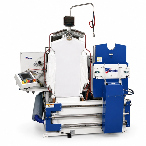Forenta 827SB single buck press showing flat pressing heads, vacuum buck, soft-air system, and colour touch screen control panel