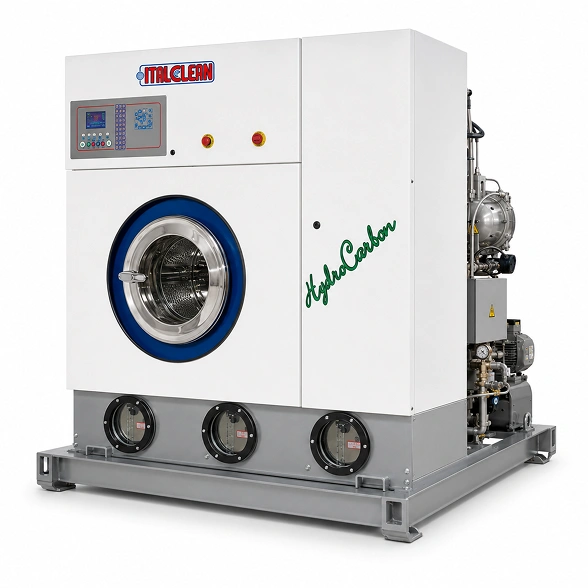 Italclean DryTech 500 hydrocarbon dry cleaning machine showing widest cabinet in mid-range, solvent tank base, and side mechanical assembly