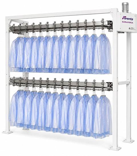 Forenta Saratoga Mini-Max double  level garment conveyor with upper and lower hanging  racks loaded with bagged garments, front view