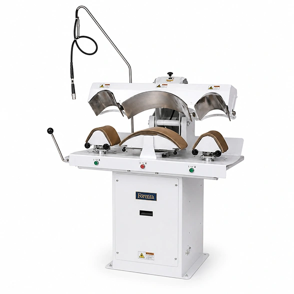 Forenta 392 SCS/SCSY showing three-section flat buck layout for collar, cuff, and yoke pressing in one lay, with nickel-plated heads and two-hand controls