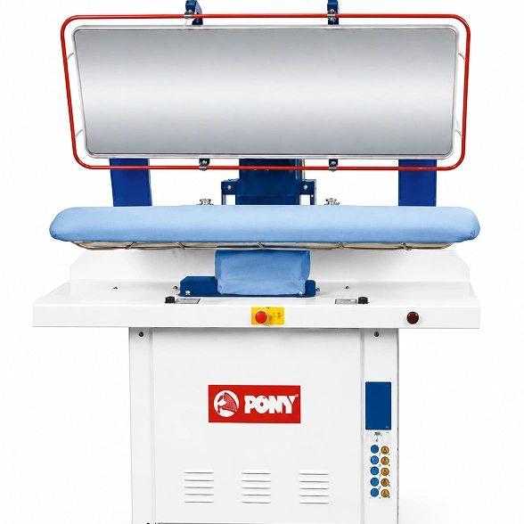 Pony industrial laundry press showing full machine height, red frame arch, blue padded buck, yellow emergency stop, and side control panel