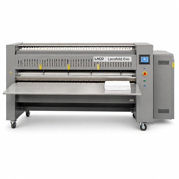 LACO Lacofold Evo 3000 folding machine showing 4-lane folding section, programmable air-blast fingers, and 600 mm output receiving table
