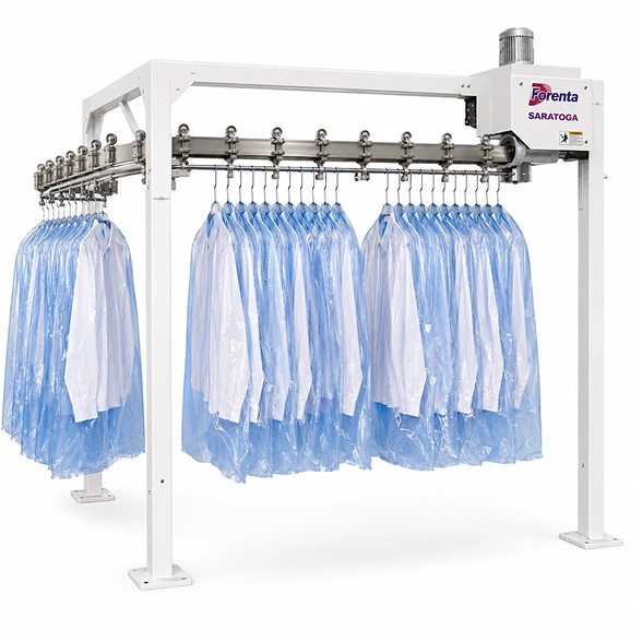 Forenta Saratoga Garment Conveyor showing stainless steel track, aluminium yoke hangers, and multi-slot garment storage configuration