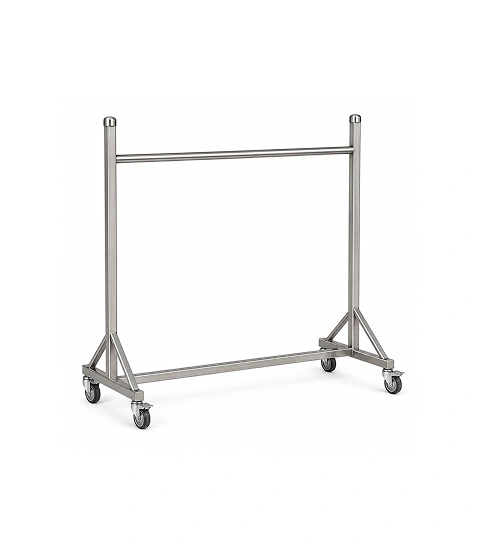 Supershine SS 304 hanger trolley with 25mm hanging rail and 100mm castors for industrial laundry use