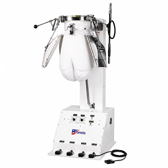 Forenta 222BTAC pants topper showing manual pleat shoes, heated buck, automatic waist expander, and foot pedal controls