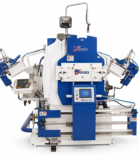 Forenta 822SBSP single buck shirt  finishing press with integrated sleeve pleaters, blue  and white cabinet with colour touch screen and extended  sleeve arms, front three-quarter view