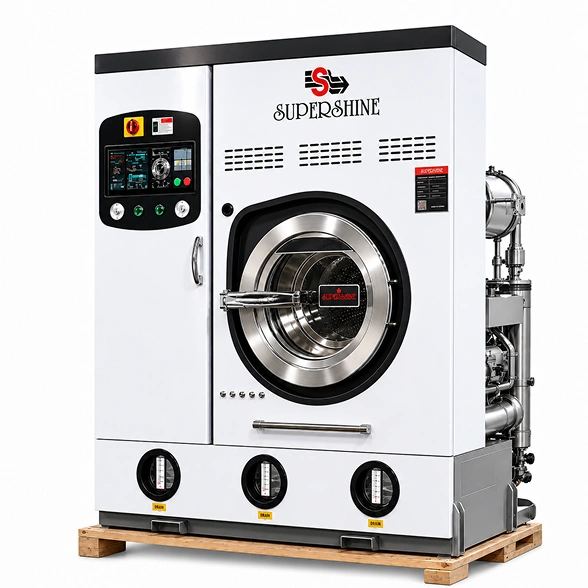 Supershine SDC-P/10 PERC dry cleaning machine showing full machine height, LCD control panel, and front-loading drum
