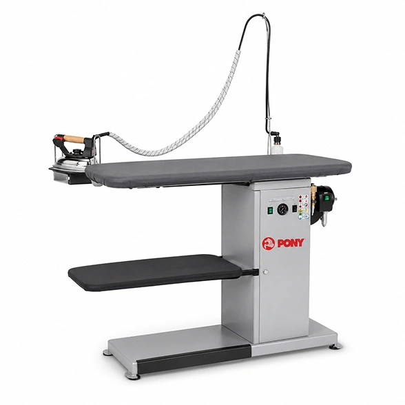 Pony FVC vacuum ironing table showing full table with built-in boiler cabinet, iron holder, steam hose, and Pony branding on pedestal