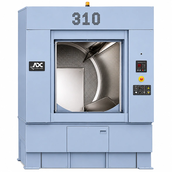 ADC AD-310 industrial dryer showing 60-inch tumbler depth, heavy-duty gearbox, and 24-inch exhaust connection