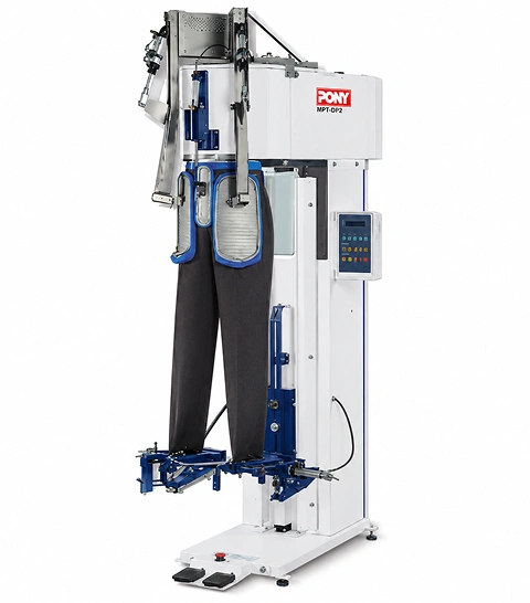 Pony MPT-DP2 pneumatic trouser topper finisher front view showing white cabinet, trouser on heated anatomic form, and lateral control console