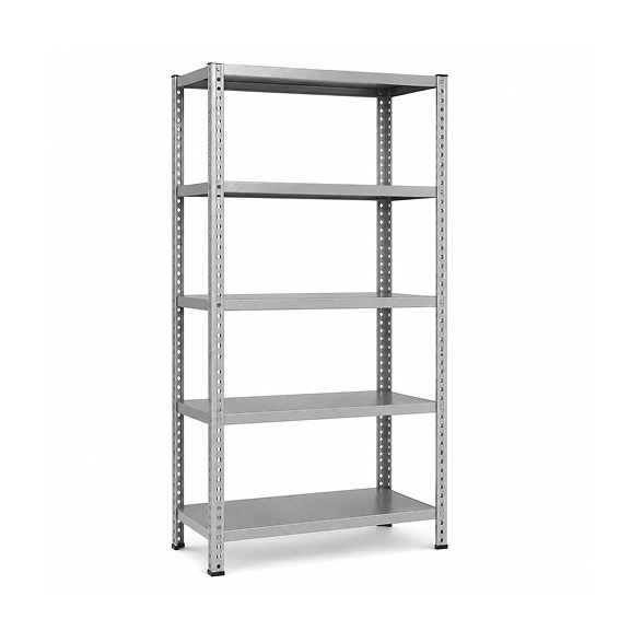 Supershine 5-tier 38x38mm MS slotted angle rack with 19 SWG powder coated shelves for linen store room