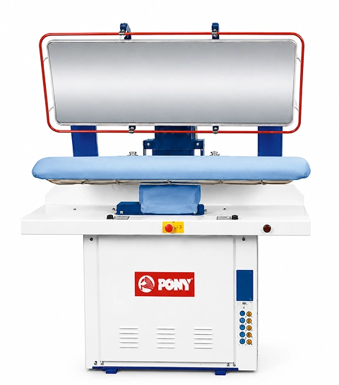 Pony industrial laundry press front view showing raised upper pressing head, blue padded buck, and white cabinet with control panel