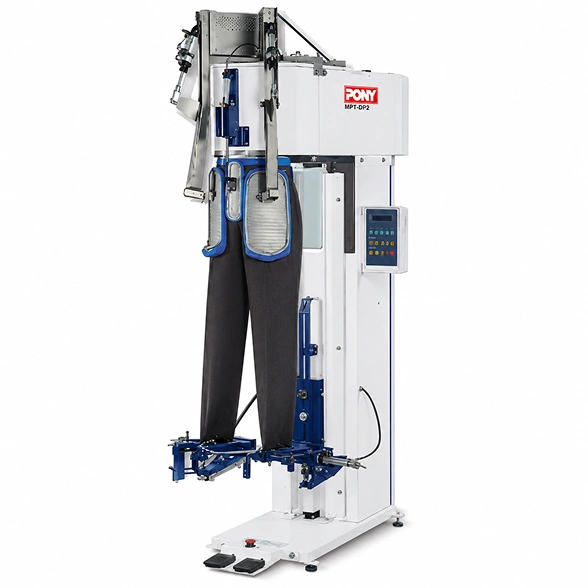 Pony MPT-DP2 trouser finisher showing full machine height, pneumatic leg trolley with clamps, heated waist form, and microprocessor control panel
