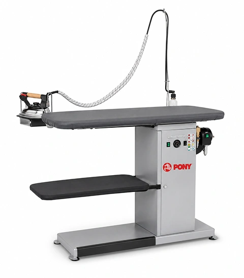 Pony FVC vacuum ironing table with built-in boiler front view showing grey cabinet, flat ironing board, steam iron, and control panel