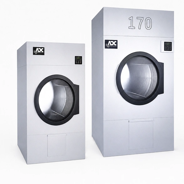 ADC AD-170 on-premise industrial dryer showing 51-inch tumbler and 18-inch exhaust connection
