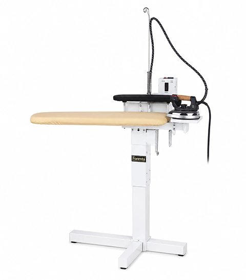 Forenta 471/481/491 SA sandwich legger  press with curved tapered buck and centre leaf,  blue and white cabinet, front three-quarter view
