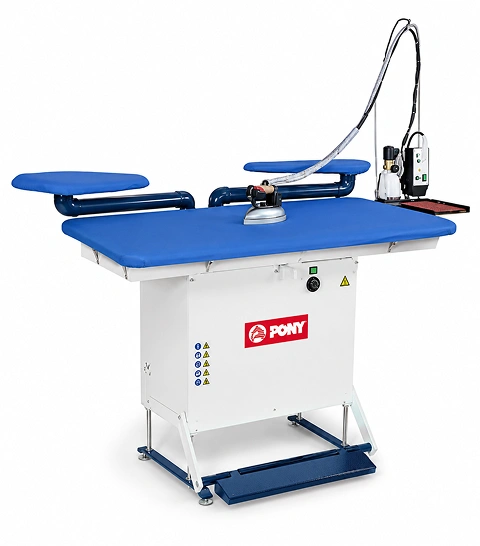 Pony Classic-R industrial vacuum ironing table with wide board and dual arm mounts