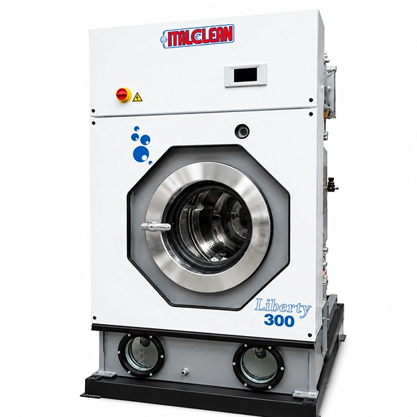 Italclean Liberty 200 multisolvent dry cleaning machine showing full cabinet with control panel, drum loading door, and two-tank base