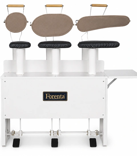 Forenta 33PS triple puff iron  with three steam bucks on white cabinet base,  multiple foot pedals, front view