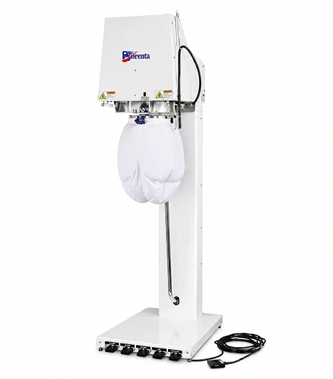 Forenta 22PT fully automatic  pants topper with clear waist buck, white pedestal  stand, automatic waist expander, and foot pedal  controls, front view